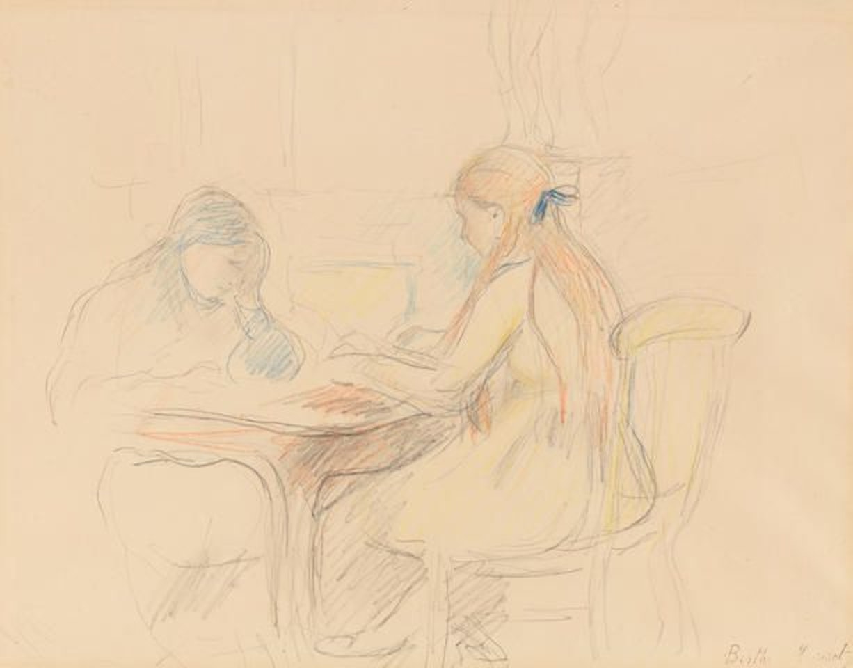 Deux filles lisant à une table by Berthe Morisot