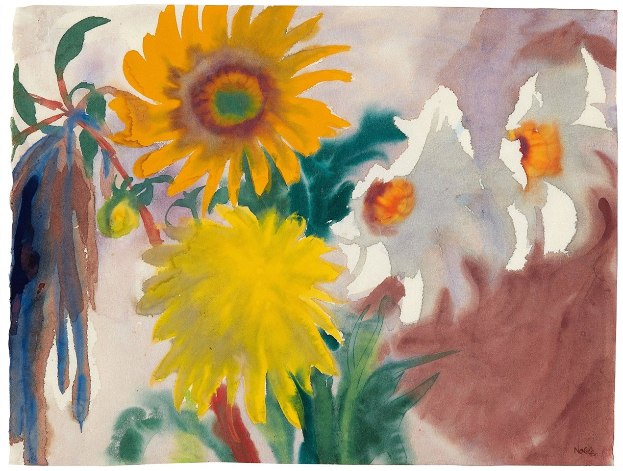 Sonnenblume und gelbe Dahlienblüte by Emil Nolde