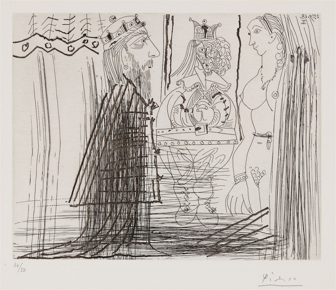 Scène biblique (David et Bethsabée?), avec bouffon au chapeau à deux cornes by Pablo Picasso