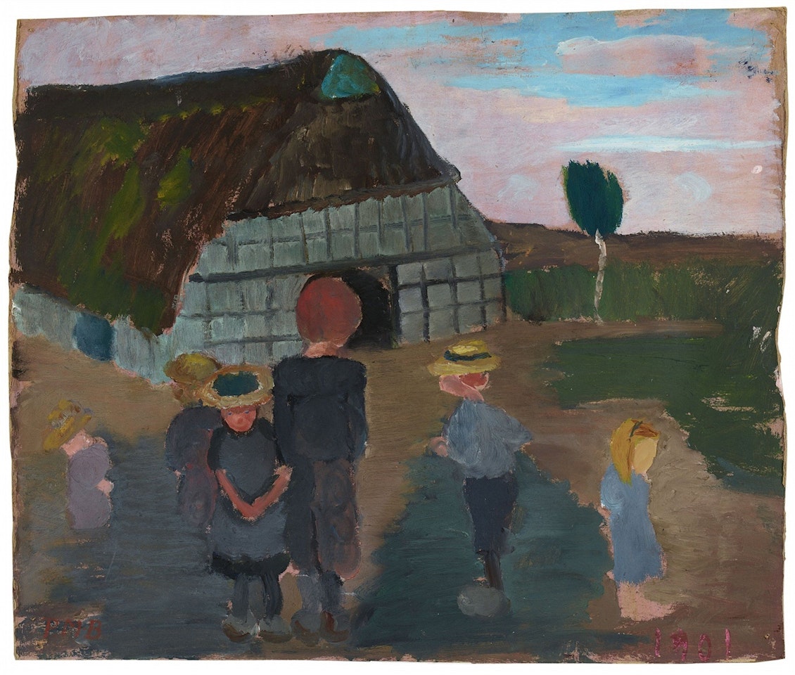Kinder vor Bauernhaus. Verso: Birkenstämme und Haus by Paula Modersohn-Becker