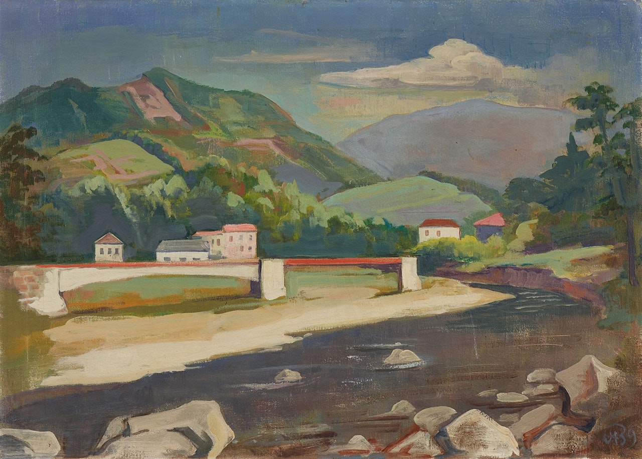 Tessiner Flusslandschaft mit Brücke by Karl Hofer