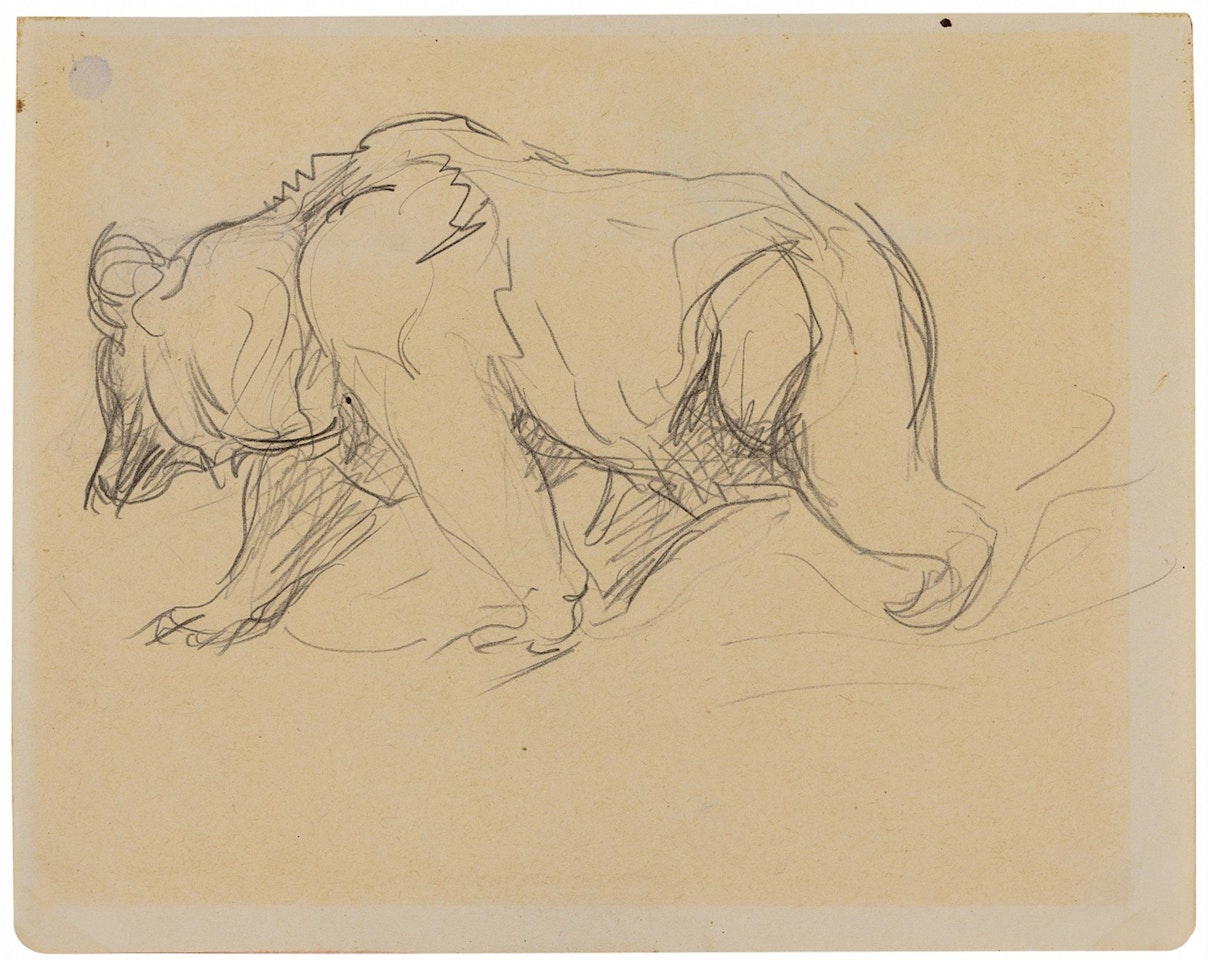 Schreitender Bär. Verso: Spielende Panther, Katze auf Kissen, Löwe (Fragment) by Franz Marc