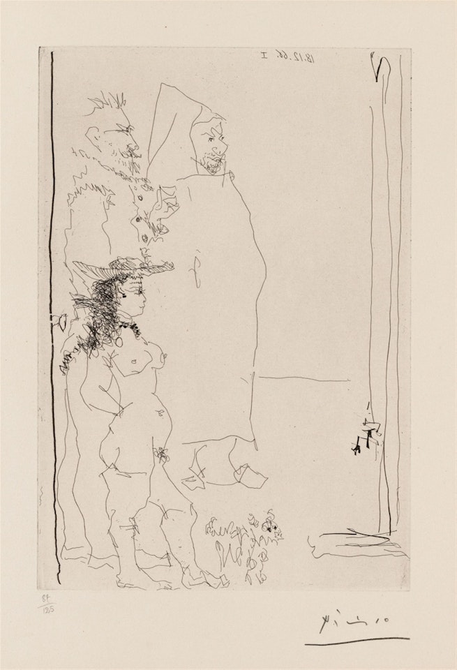 Trois Personnages, dont une caricature d' après el greco et une d' après tintin, et un petit chien by Pablo Picasso