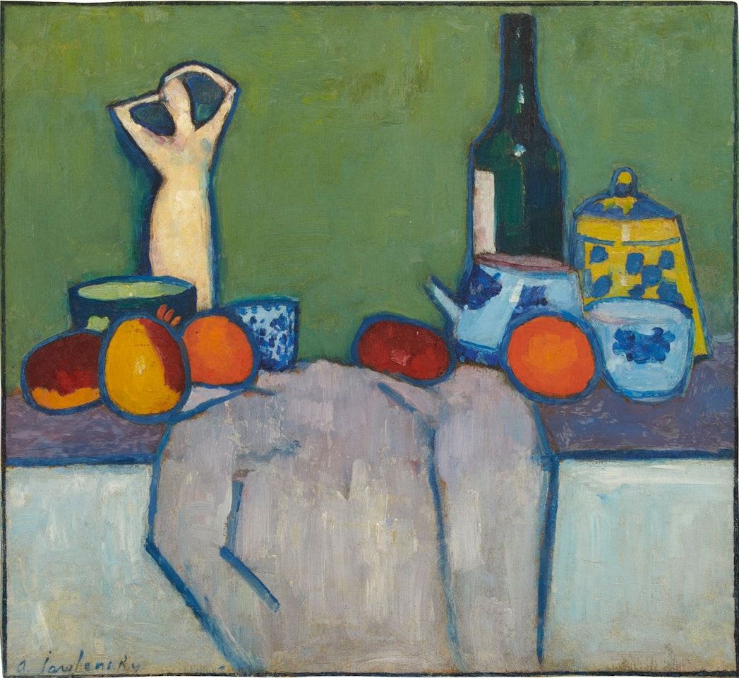 STILLEBEN MIT FRÜCHTEN, FIGUR UND FLASCHE (STILL-LIFE WITH FRUIT, FIGURE AND BOTTLE) by Alexej von Jawlensky