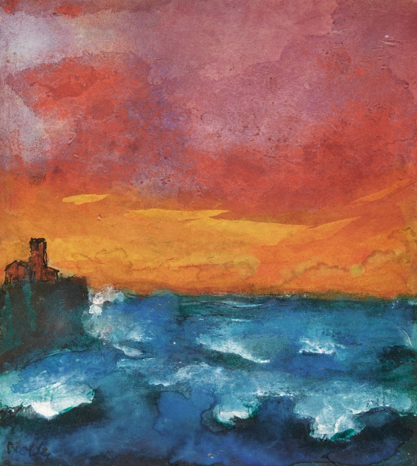 BEWEGTES BLAUES MEER BEI SONNENUNTERGANG (MIT FELSEN UND BURG) (RAGING BLUE SEA AT SUNSET (WITH ROCKS AND FORT)) by Emil Nolde