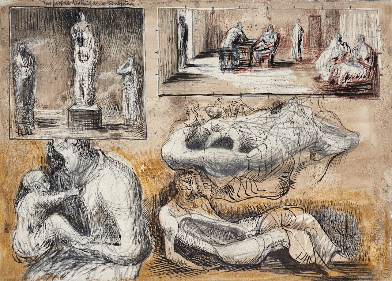 TWO PEOPLE LOOKING AT A SCULPTURE - RECTO FIGURE STUDIES - VERSO by Henry Moore