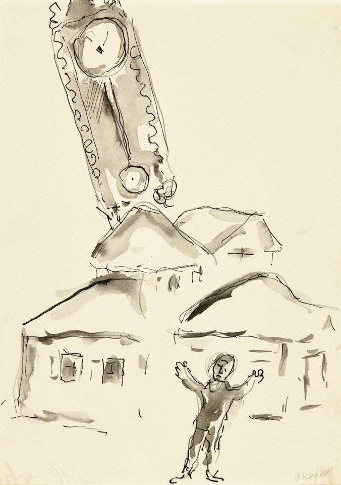 LA PENDULE ET LE VILLAGE (ILLUSTRATION POUR LE LIVRE 'THE FIDDLE ROSE' D'ABRAHAM SUTZKEVER) by Marc Chagall