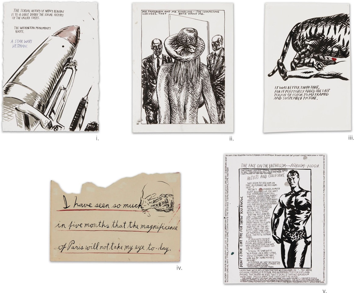 I. UNTITLED (A SEXUAL HISTORY...); II. UNTITLED (MR.PANGBORN AND MR.RINGLING...); III. UNTITLED (IT WAS BETTER...); IV. UNTITLED (I HAVE SEEN...); V. UNTITLED (THE FACE ON...) by Raymond Pettibon