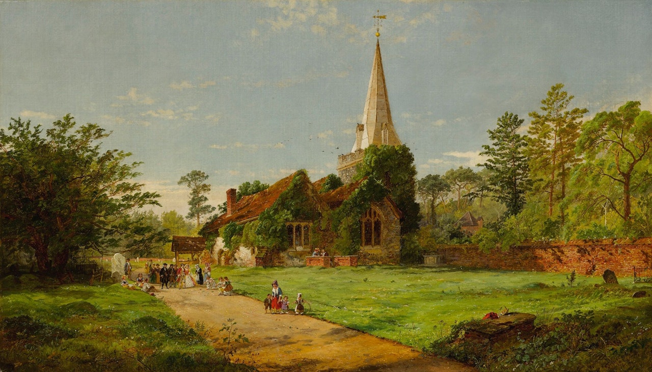 WILLIAM PENN'S WEDDING (A WEDDING PROCESSION, STOKE POGES CHURCH) by Jasper Francis Cropsey
