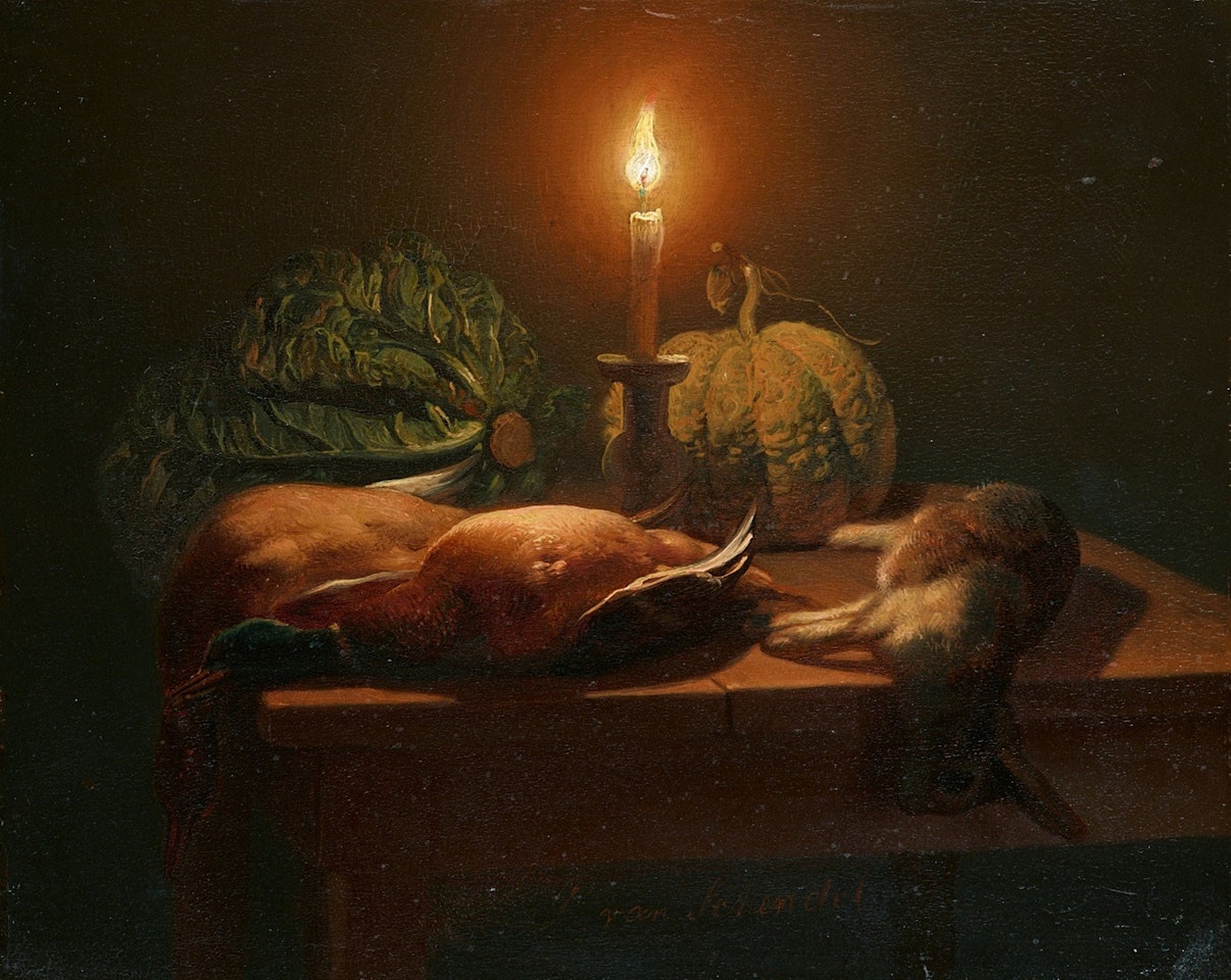 Still Life with Ducks, Rabbit, Pumpkin, and Cabbage by Candlelight by Petrus van Schendel