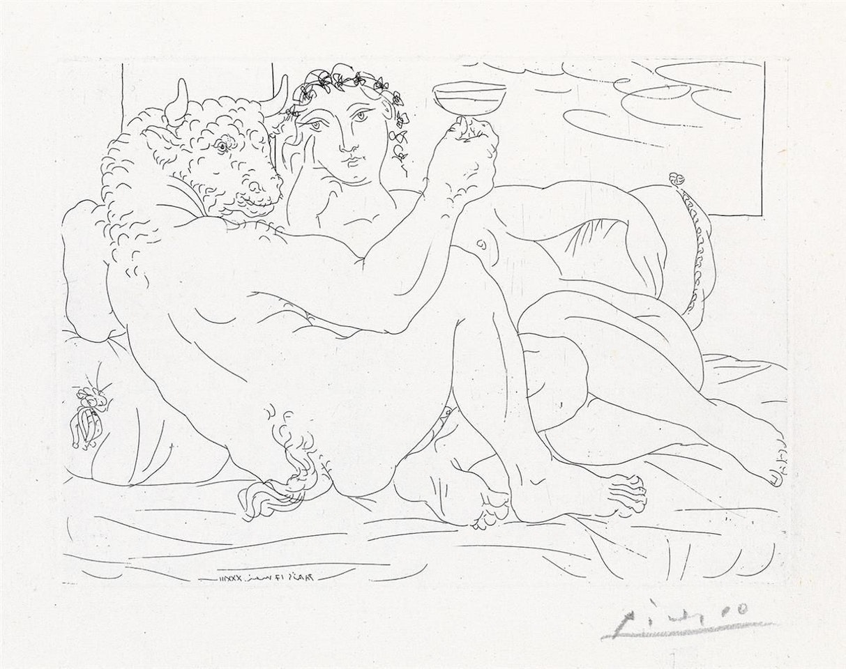 Minotaure, Une Coupe À La Main, Et Jeune Femme by Pablo Picasso