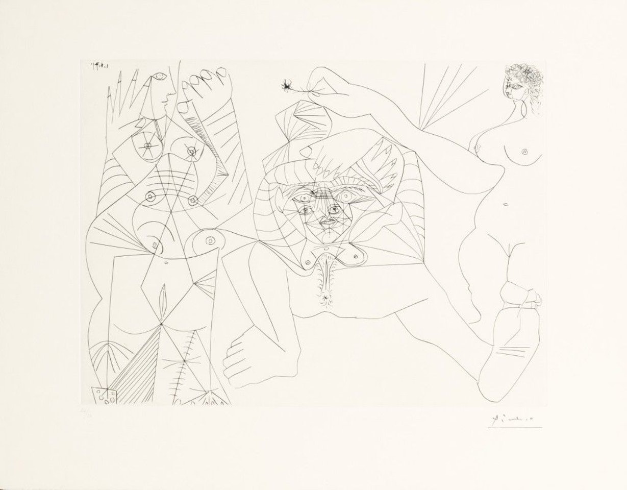 FEMME COUCHÉE, EN RACCOURCI, TAQUINÉE PAR DEUX AUTRES FEMMES by Pablo Picasso