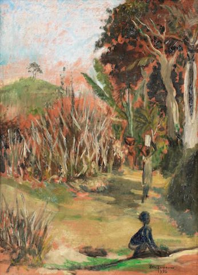 Figures on a forest path by Ben Enwonwu