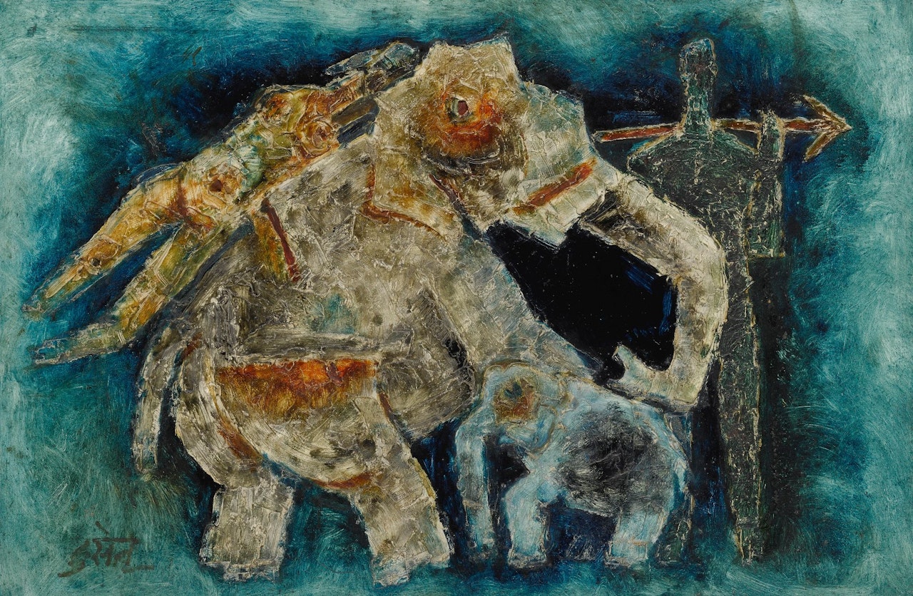 UNTITLED (ELEPHANTS IN BLUE) by M.F. Husain