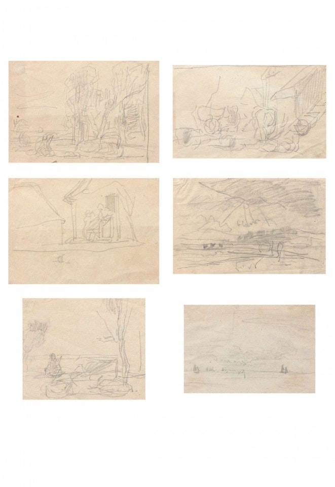 Study for the forgiveness of Saint-Palud; Landscape; The lighthouse at Honfleur; Sailboats; Landscape with trees and rocks; Man sitting near a grove; Landscape in the sun; Stable; Characters on the farm by Eugène Boudin
