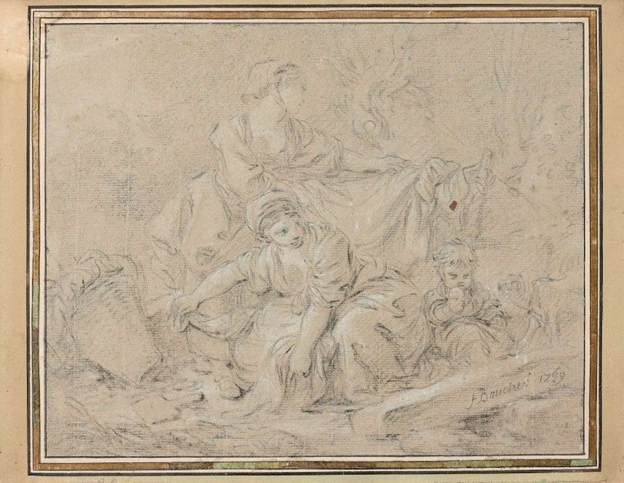 Lingers and young boy playing with a dog by Francois Boucher