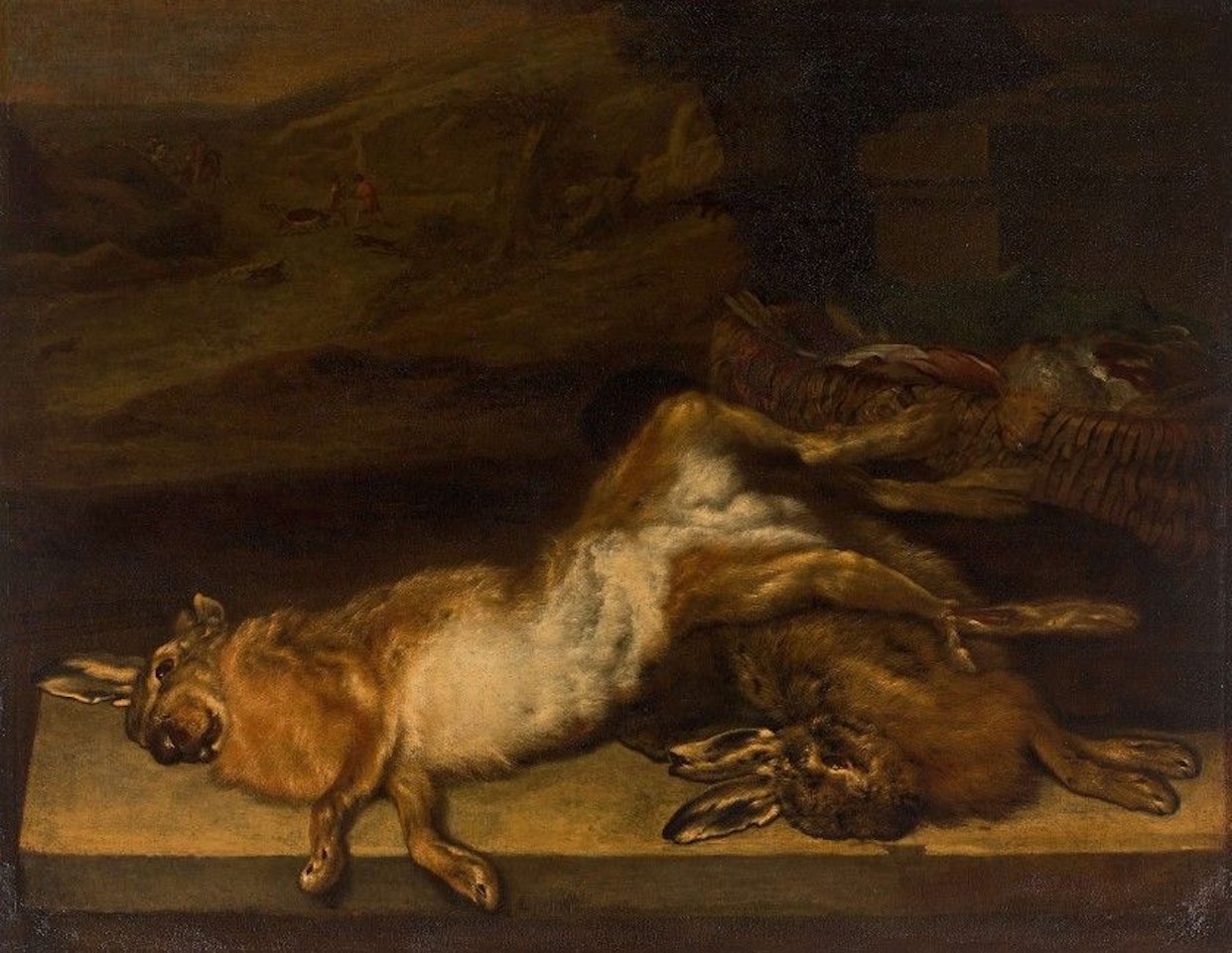 Hares and partridges on an entablature, a wild boar hunting scene in the background by Jan Weenix