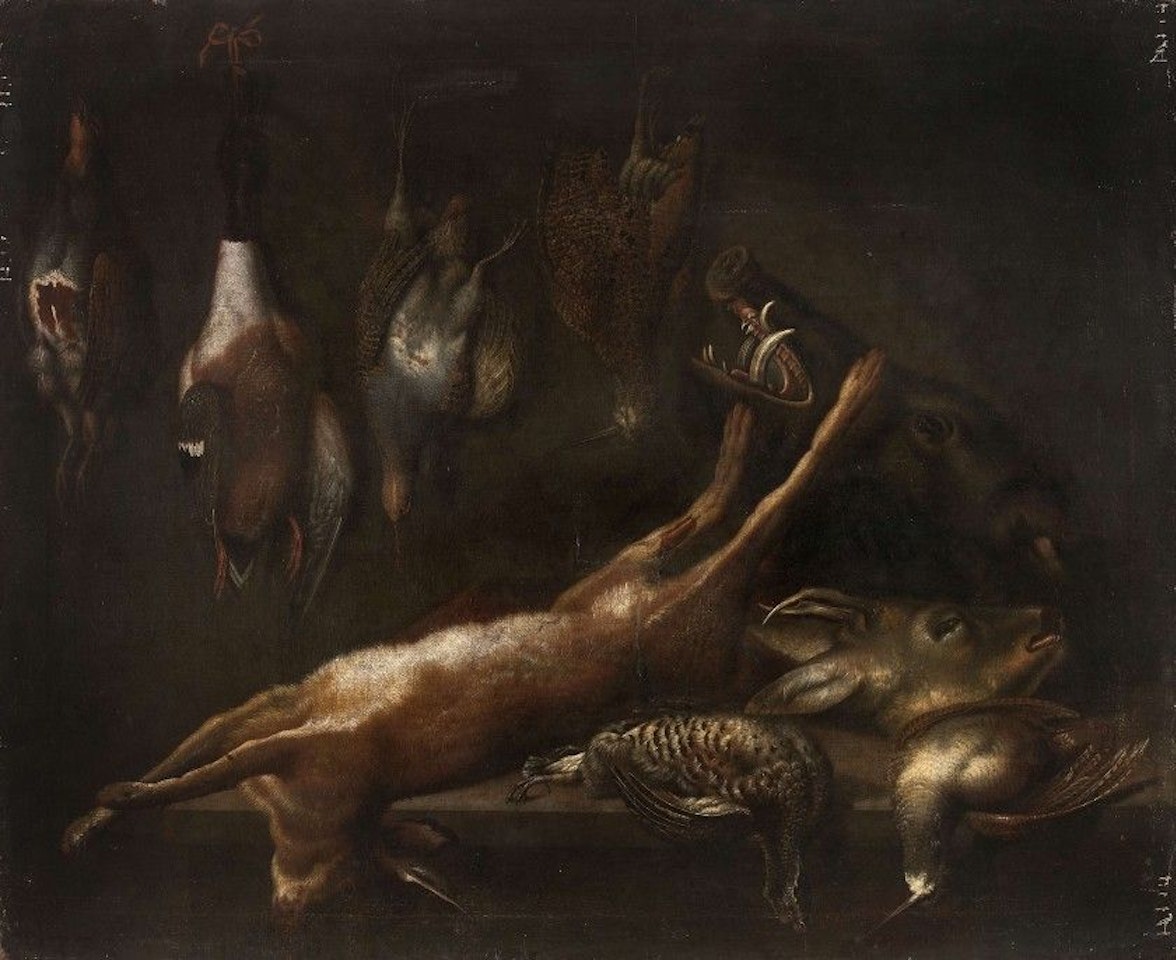 Hare, boar head, brocade head and game birds on an entablature by Sebastian Stosskopf