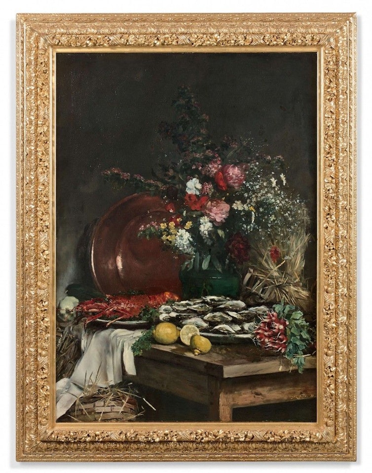 Bouquet of flowers, oysters and lobster on an entablature by Jean Francois Raffaelli