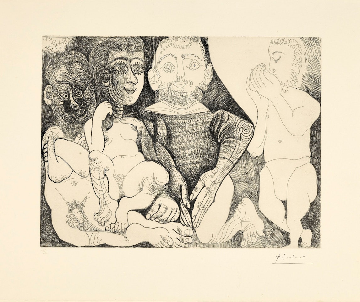 VIEIL HOMME CONCUPISCENT ET IMPUISSANT AVEC UNE PROSTITUÉE ESPAGNOLE SUR LES GENOUX, MARIN SE CACHANT LE SEXE, ET JARDINIER (B. 1861; BA. 1866) by Pablo Picasso