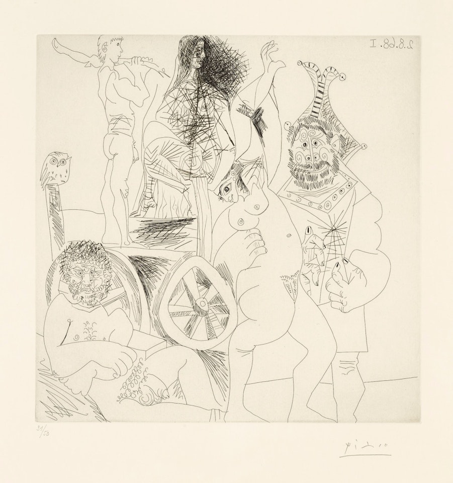 HALTE DE COMÉDIENS AMBULANTS, AVEC HIBOU, ET BOUFFON ENLAÇANT UNE FEMME (B. 1713; BA. 1729) by Pablo Picasso