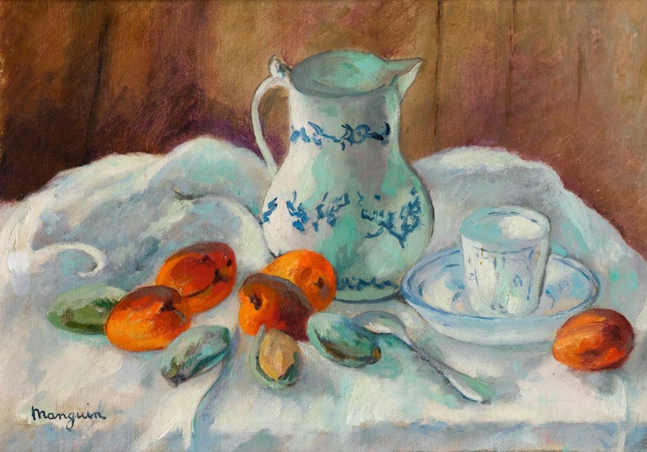 ABRICOTS, AMANDES ET POT BLANC by Henri Manguin