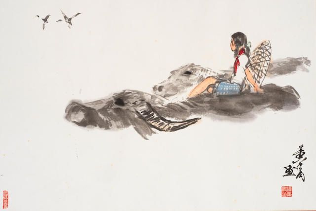 Girl and Buffaloes by Huang Zhou