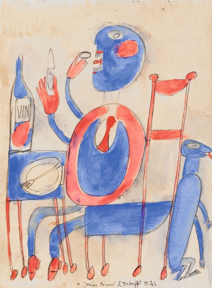 MANGEUR AU CHIEN ASSIS DERRIÈRE SA CHAISE by Jean Dubuffet