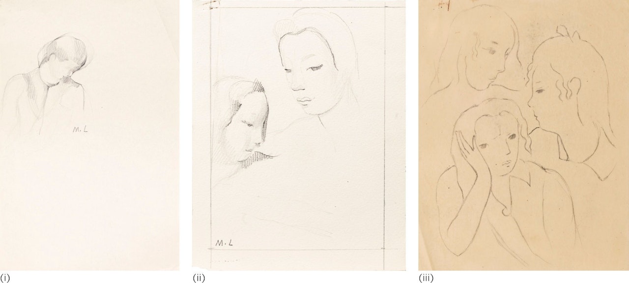 THREE DRAWINGS: (I) ETUDE DE FEMME EN BUSTE (TÊTE BAISSÉE) (II) DEUX VISAGES DE FEMMES (III) TROIS VISAGES DE JEUNES FILLES by Marie Laurencin