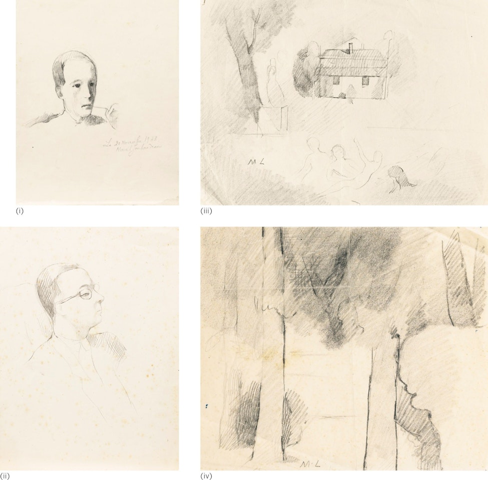 FOUR DRAWINGS: (I) PORTRAIT DE MARCEL JOUHANDEAU (II) PORTRAIT DE MARCEL ARLAND DE PROFIL (III) PAYSAGE AVEC MAISONS ET FIGURES (IV) ETUDE D'ARBRES by Marie Laurencin