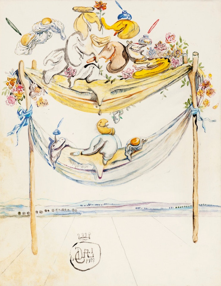 SANS TITRE, PORTIQUE CONSTITUÉ DE DEUX BÉQUILLES, ENCRIERS, PLUMES, ŒUFS SUR LE PLAT ET FIGURES DE GRAND MASTURBATEUR by Salvador Dali