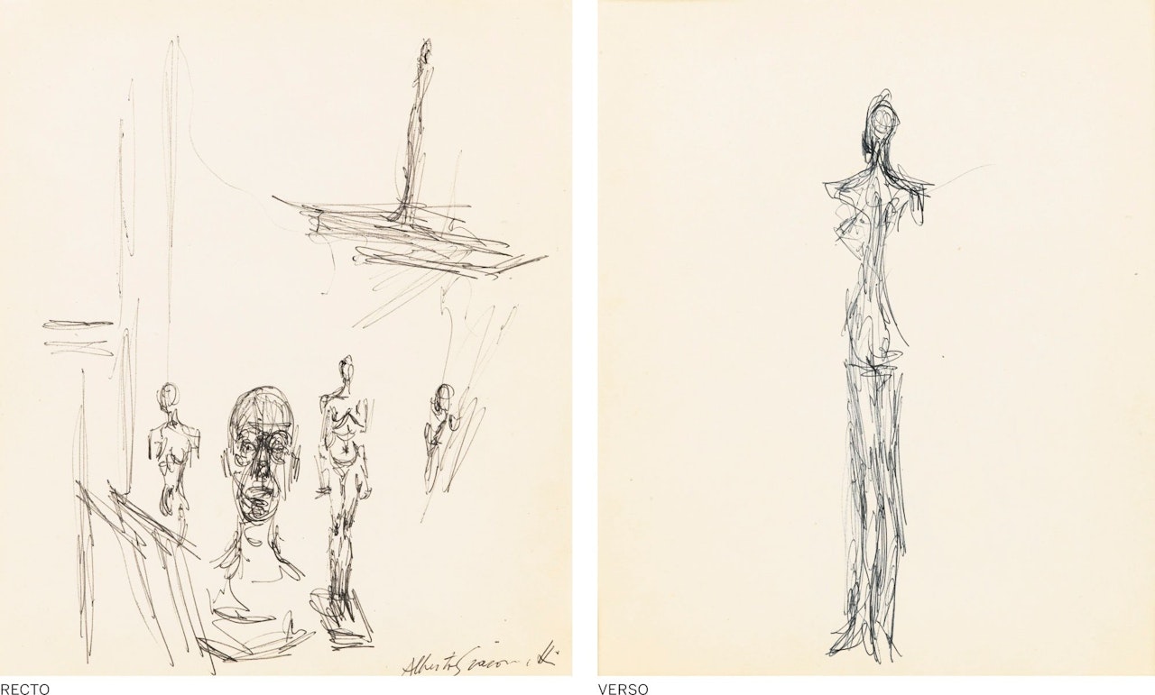 TÊTE AVEC SCULPTURES - RECTO FIGURE DEBOUT - VERSO by Alberto Giacometti