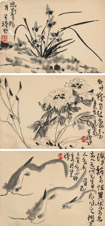 Orchid、peony、fishes by Li Kuchan