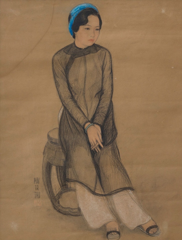 SEATED LADY WITH BLUE HAIRBAND by Mai Trung Thu
