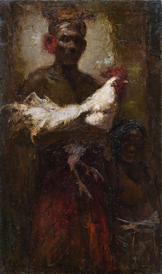 MAN AND BOY WITH COCKEREL by Lee Man Fong