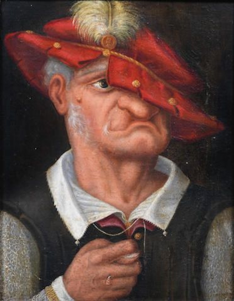 Caricature of an old man in a red plumed hat by German School