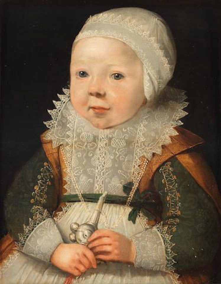 Portrait of child, half-length, holding a rattle by Dutch School