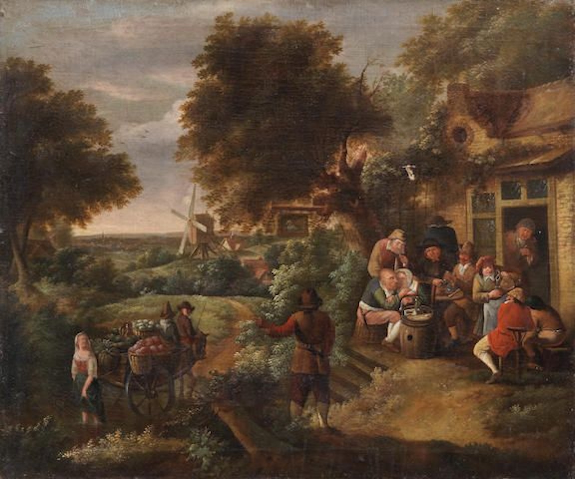 Peasants outside an inn, with a farm cart passing by Flemish School