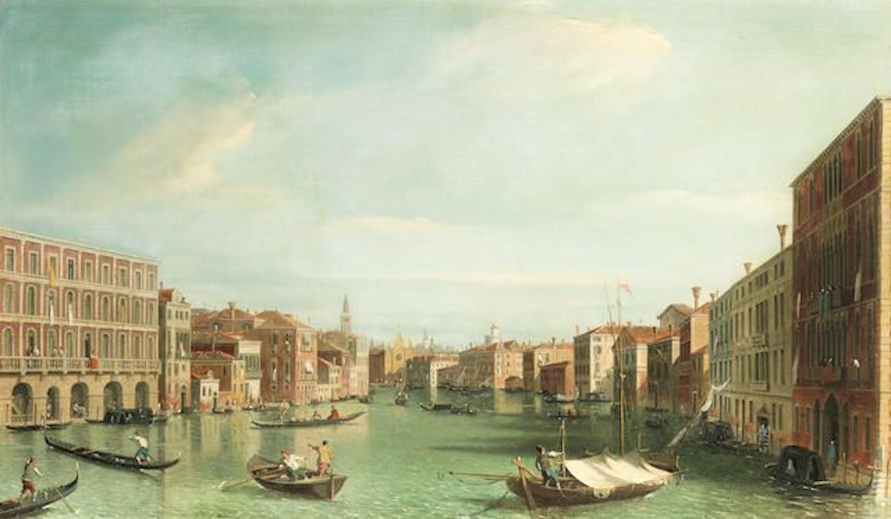 The Grand Canal, Venice, looking South from the Palazzi Foscari and Moro-Lin to Sta Maria della Carita by Follower of Canaletto