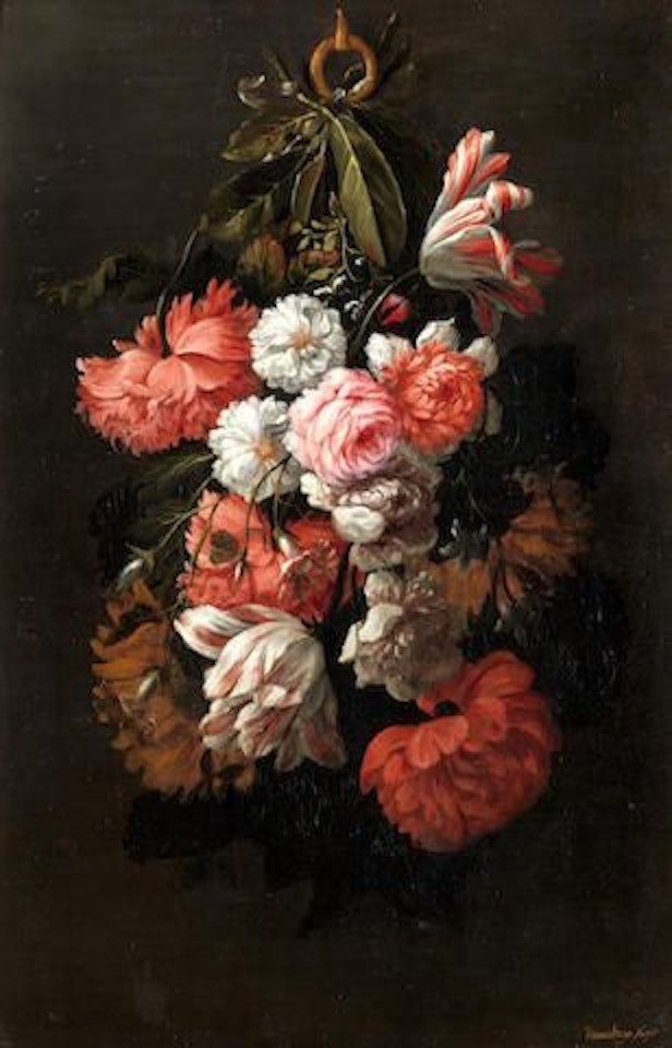 A swag of grapes, quince, peaches and other fruit; and A swag of tulips, poppies and other flowers by Flemish School