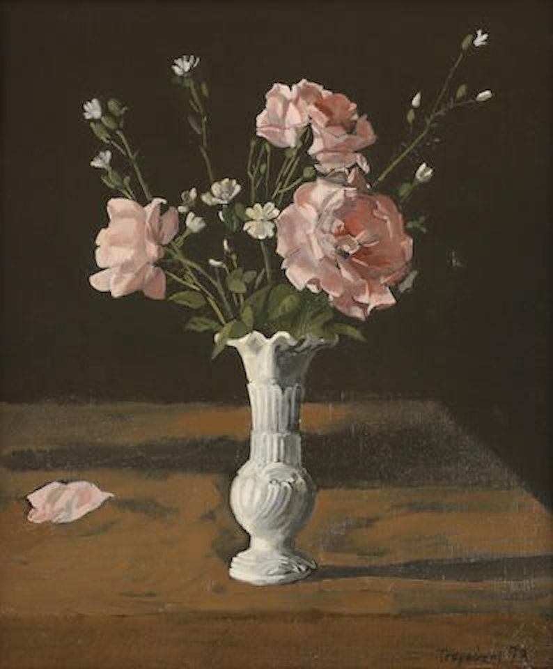 Pink roses in a vase by Yannis Tsarouchis