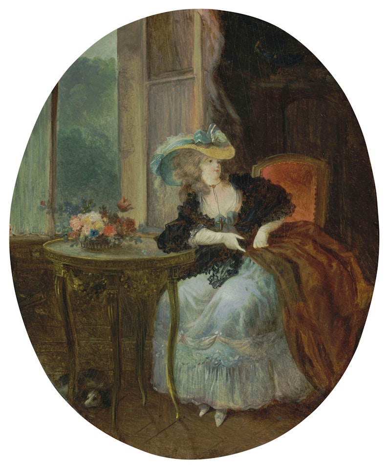 Une élégante assise près d'une fenêtre, accoudée à un guéridon by Jean Frédéric Schall