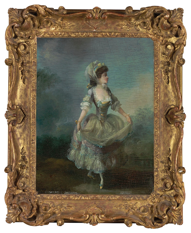 Une danseuse dans une robe à rubans en soie bleue et rose by Jean Frédéric Schall