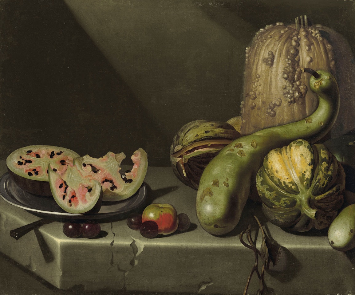 A melon on a plate, with gourds, plums and apples on a stone table by Roman School