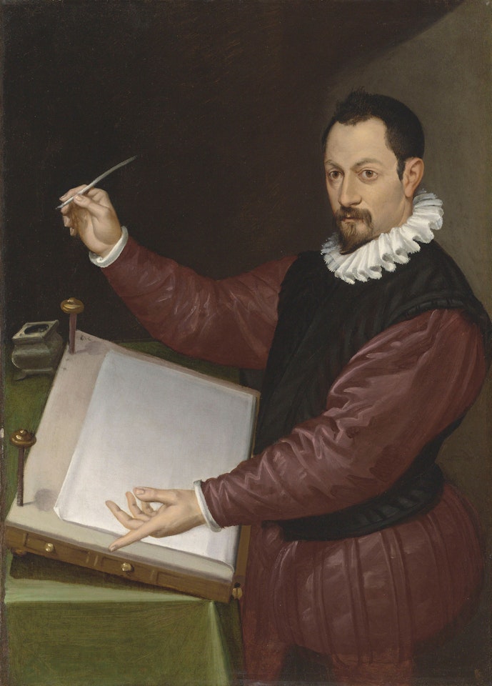 Portrait of a scribe in a red doublet and white ruff by Bartolomeo Passarotti