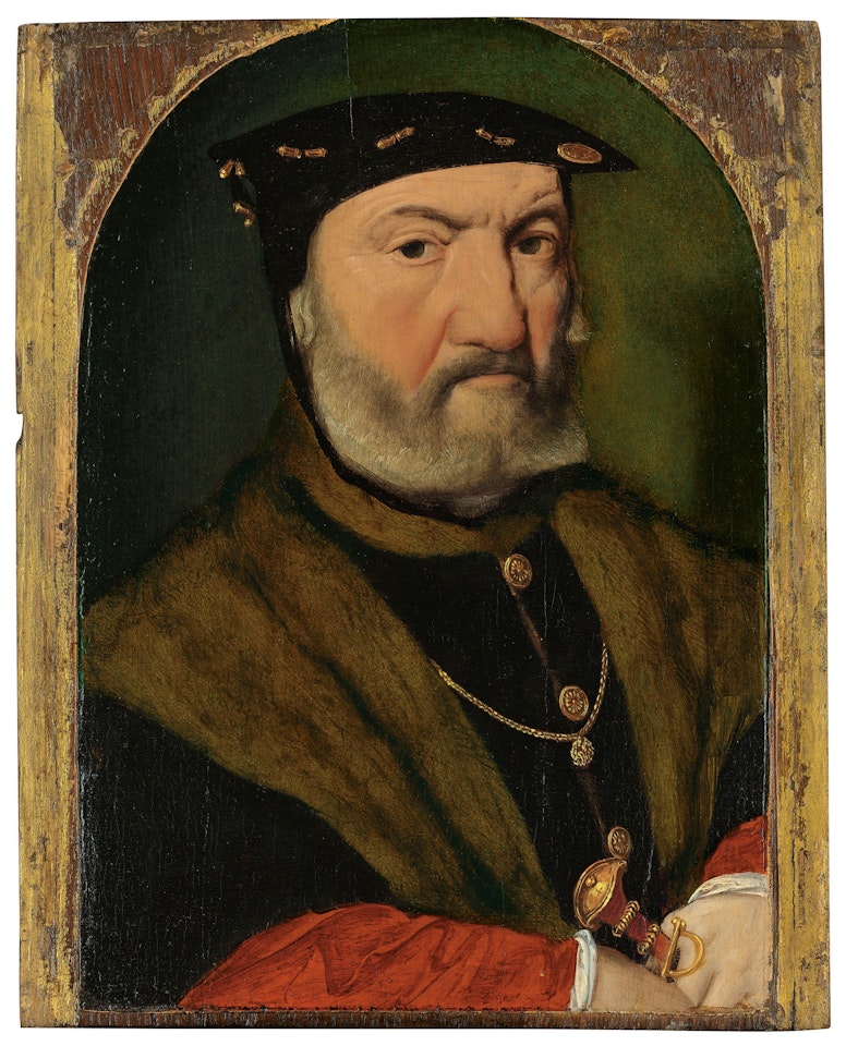 Portrait of a bearded man, bust length, wearing a black beret, a fur lined surcoat and crimson undersleeves, holding a dagger by Joos van Cleve