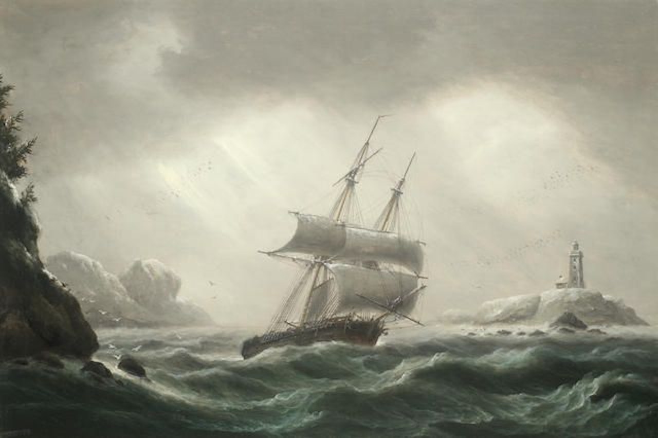 An American brig passing Sambro Lighthouse, Nova Scotia by Thomas Luny
