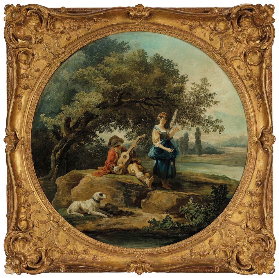 A shepherd and shepherdess with a dog in a landscape by Hubert Robert
