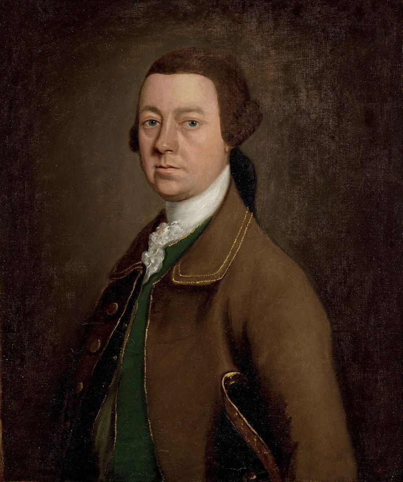 Portrait of Sir Francis Skipwith, 3rd Bt., (d. 1778) of Newbold Pacey Hall, near Warwick, half-length, in a brown coat and green waistcoat with a hat under his left arm by Thomas Gainsborough