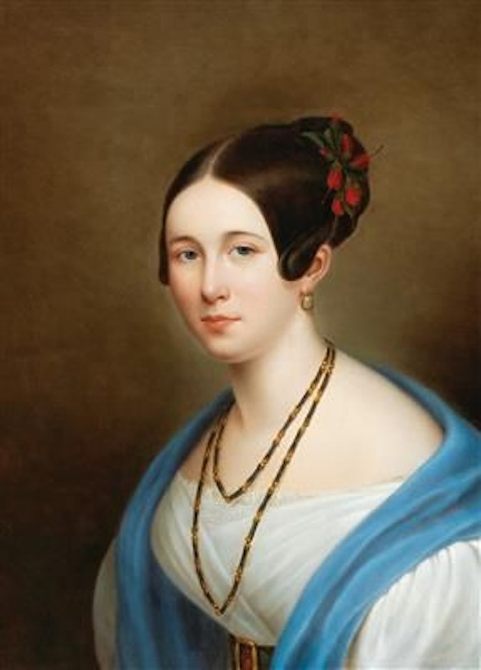 Portrait of a lady with hibiscus flowers in her hair by Adolf Senff